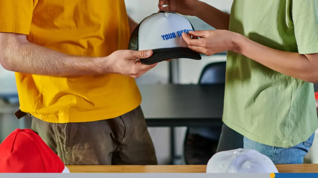 Two people designing a hat logo