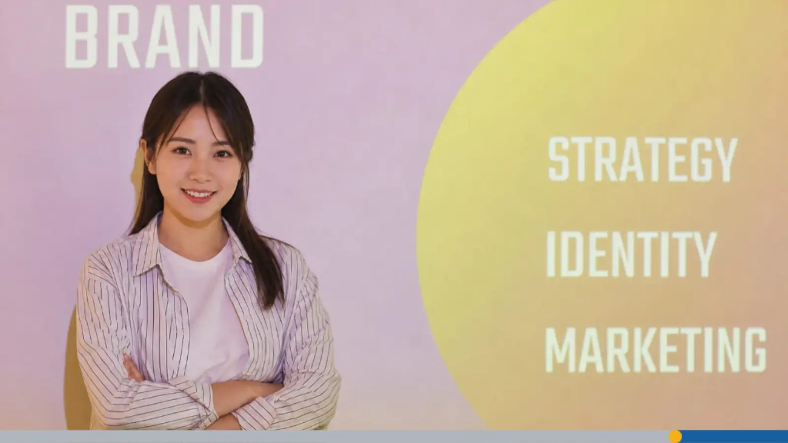 A young woman beside a display board showing how to build your brand with strategy, identity, and marketing.