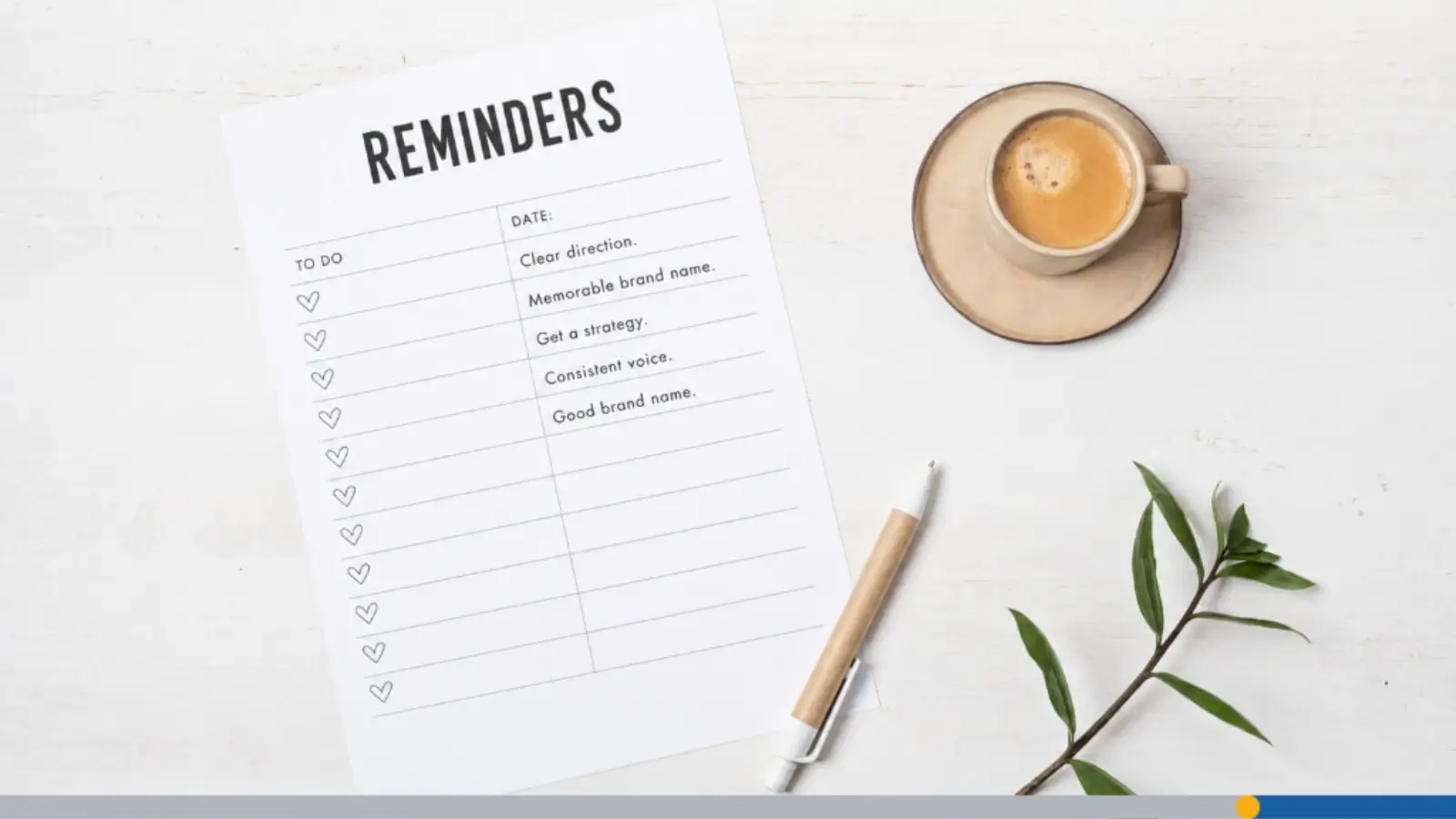 A coffee cup placed by a list of steps showing how to create your own brand.