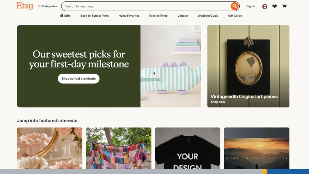 The Etsy website landing page with options to log in or register.