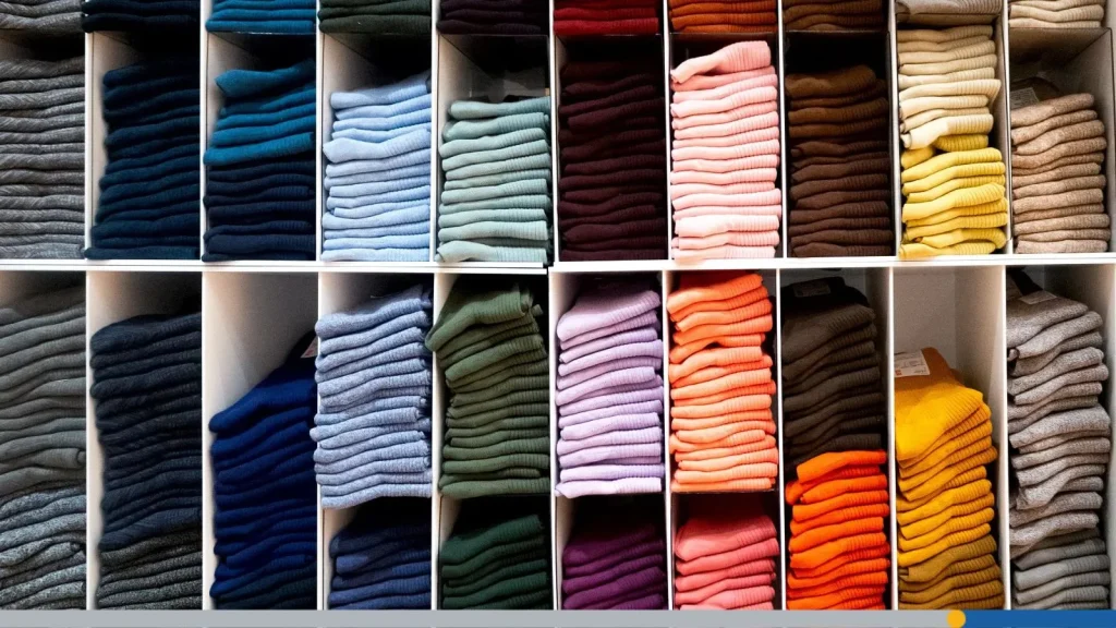 Organized folded clothing on shelves by color.