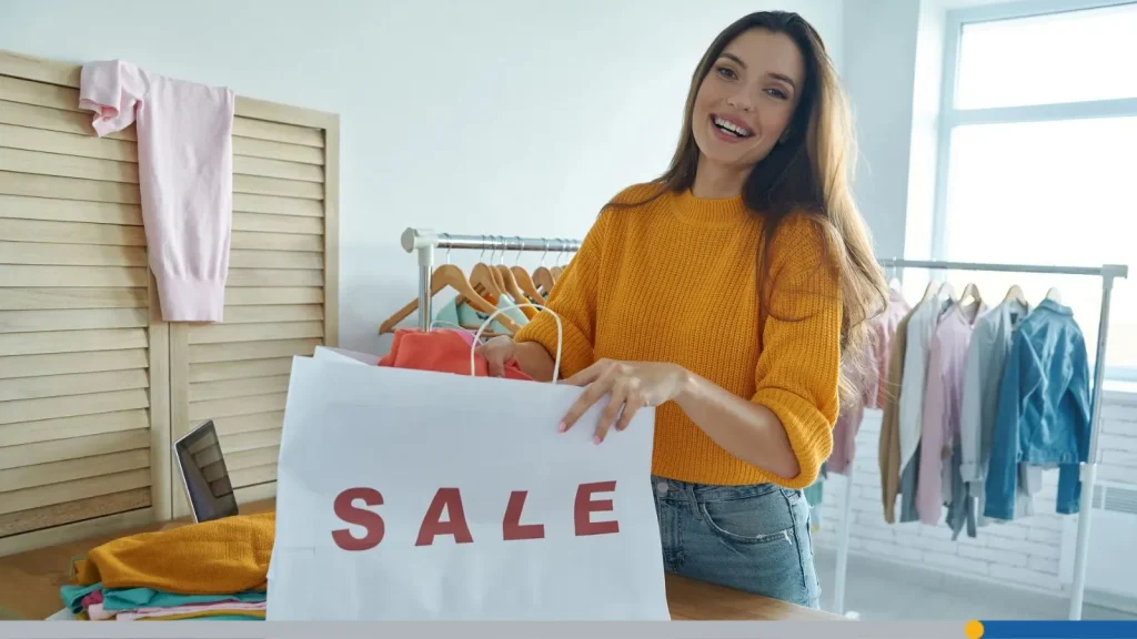 Woman feeling happy with her purchase from Etsy sales.