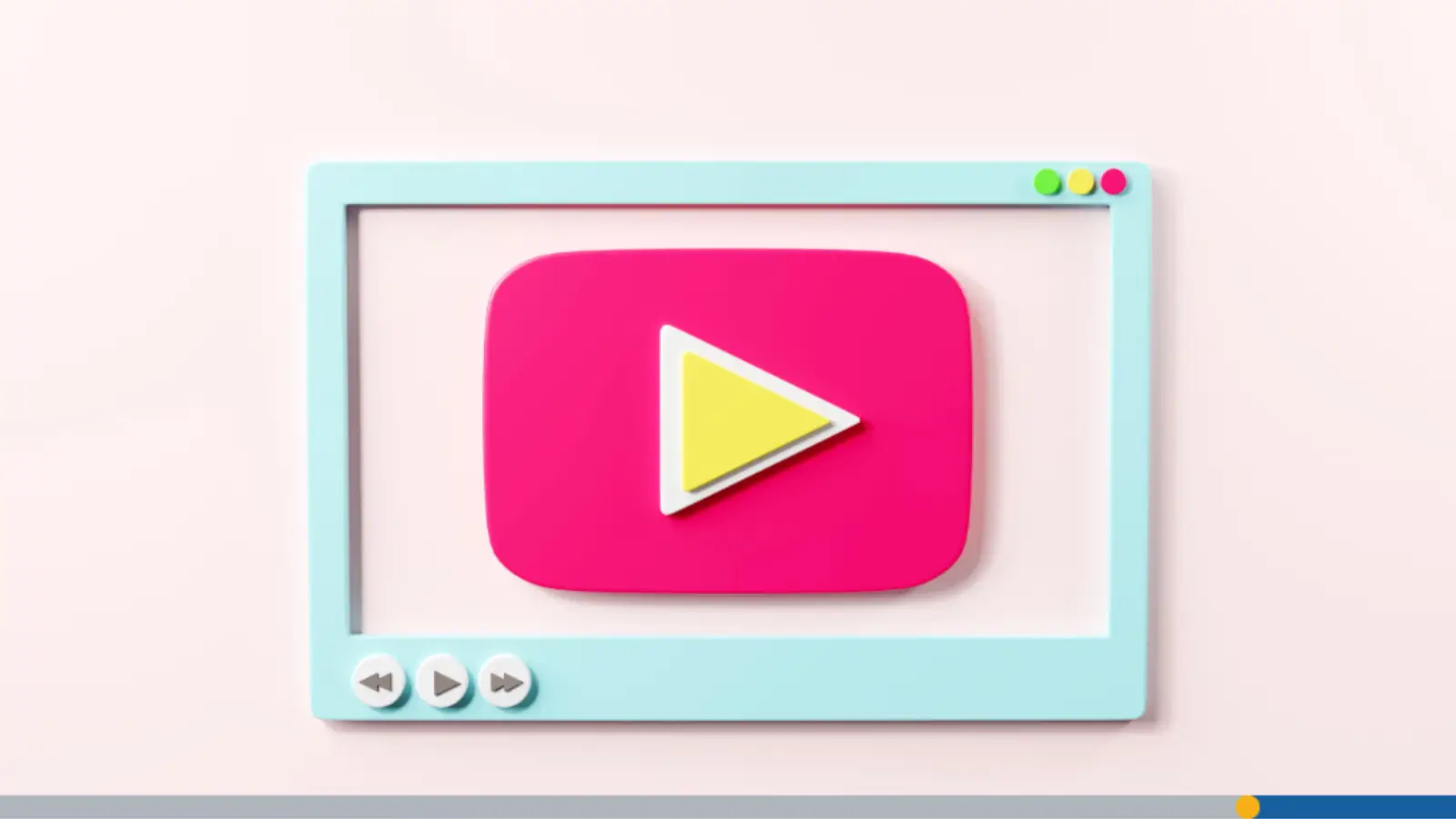 A 3D illustration of a light blue video player frame on a pale pink background, showing a pink play button and yellow triangle, themed around YouTube channel art size.