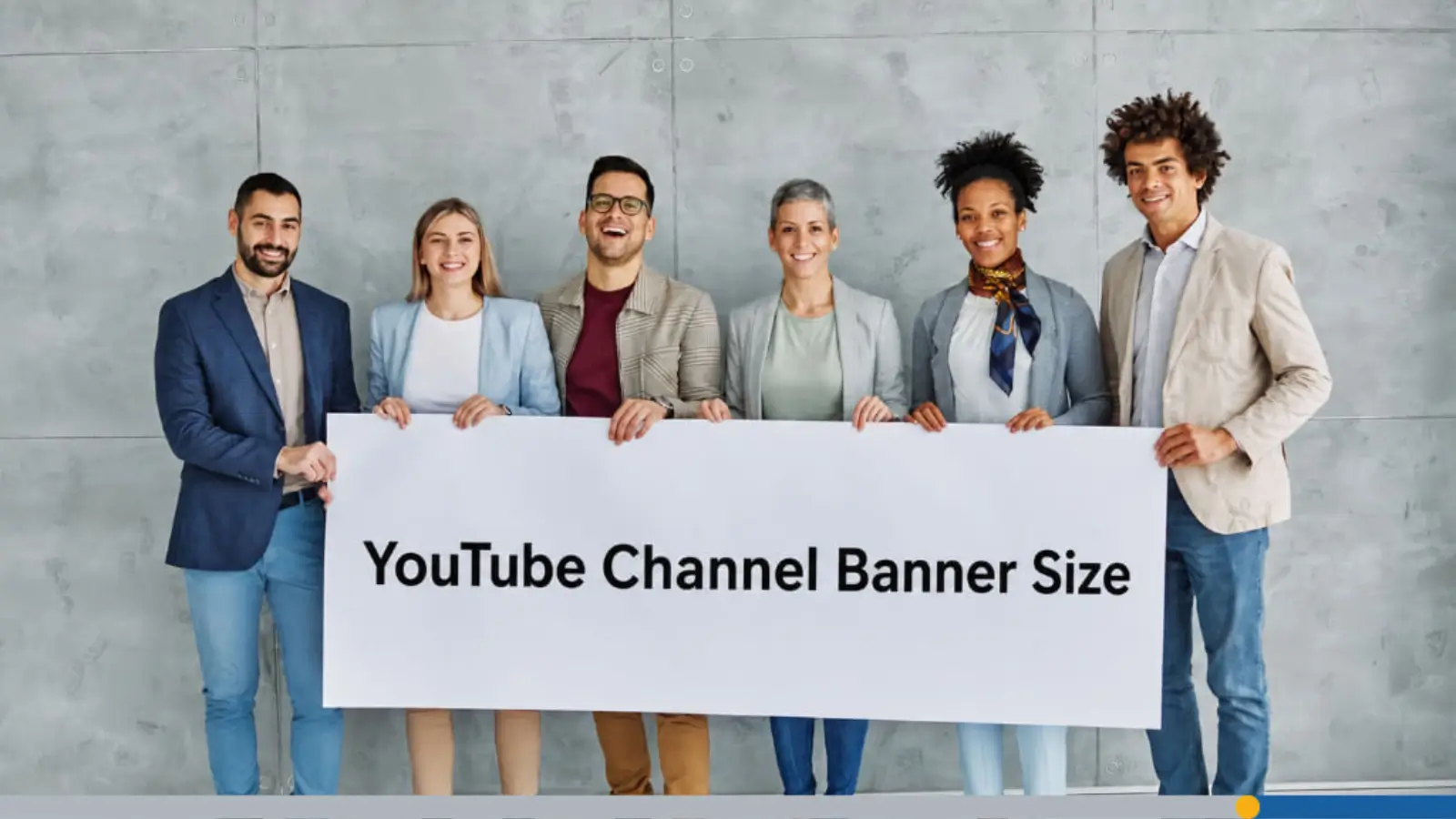 A diverse group of six professionals standing in a line against a gray wall, holding a large white banner that reads: YouTube banner dimensions 2026.