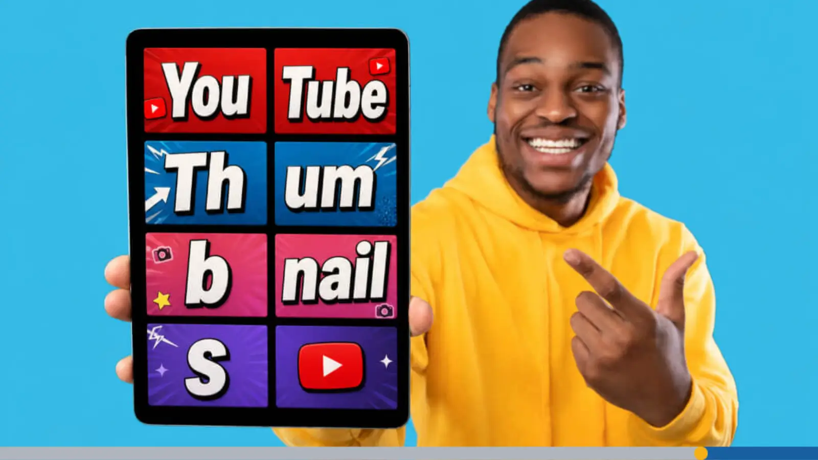 Man in a yellow hoodie pointing to a tablet screen reading: YouTube thumbnails, illustrating the ideal YouTube thumbnail size.
