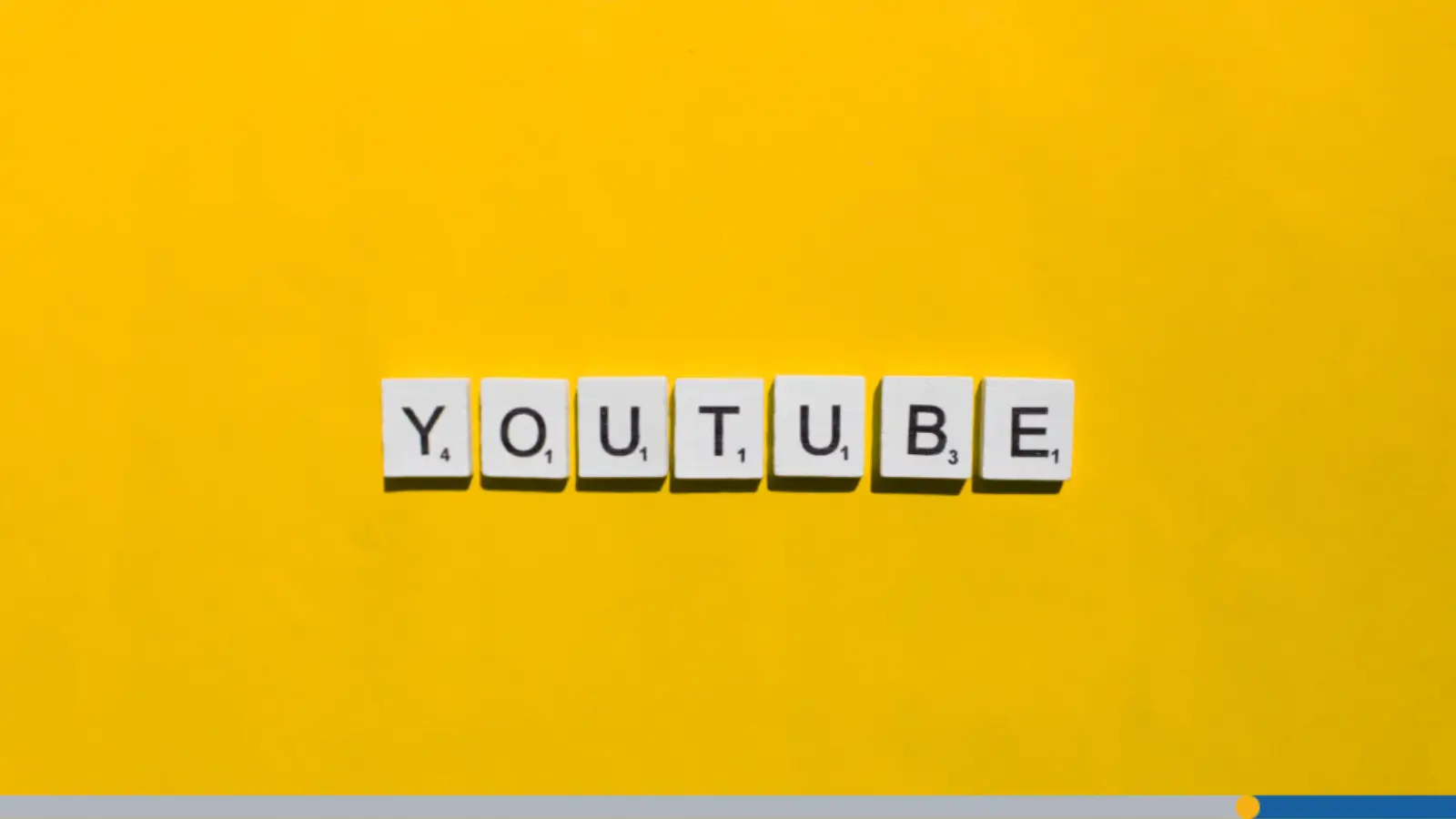 Letter tiles arranged horizontally on a bright yellow background to spell out the word: YOUTUBE, illustrating a guide to YouTube banner size.