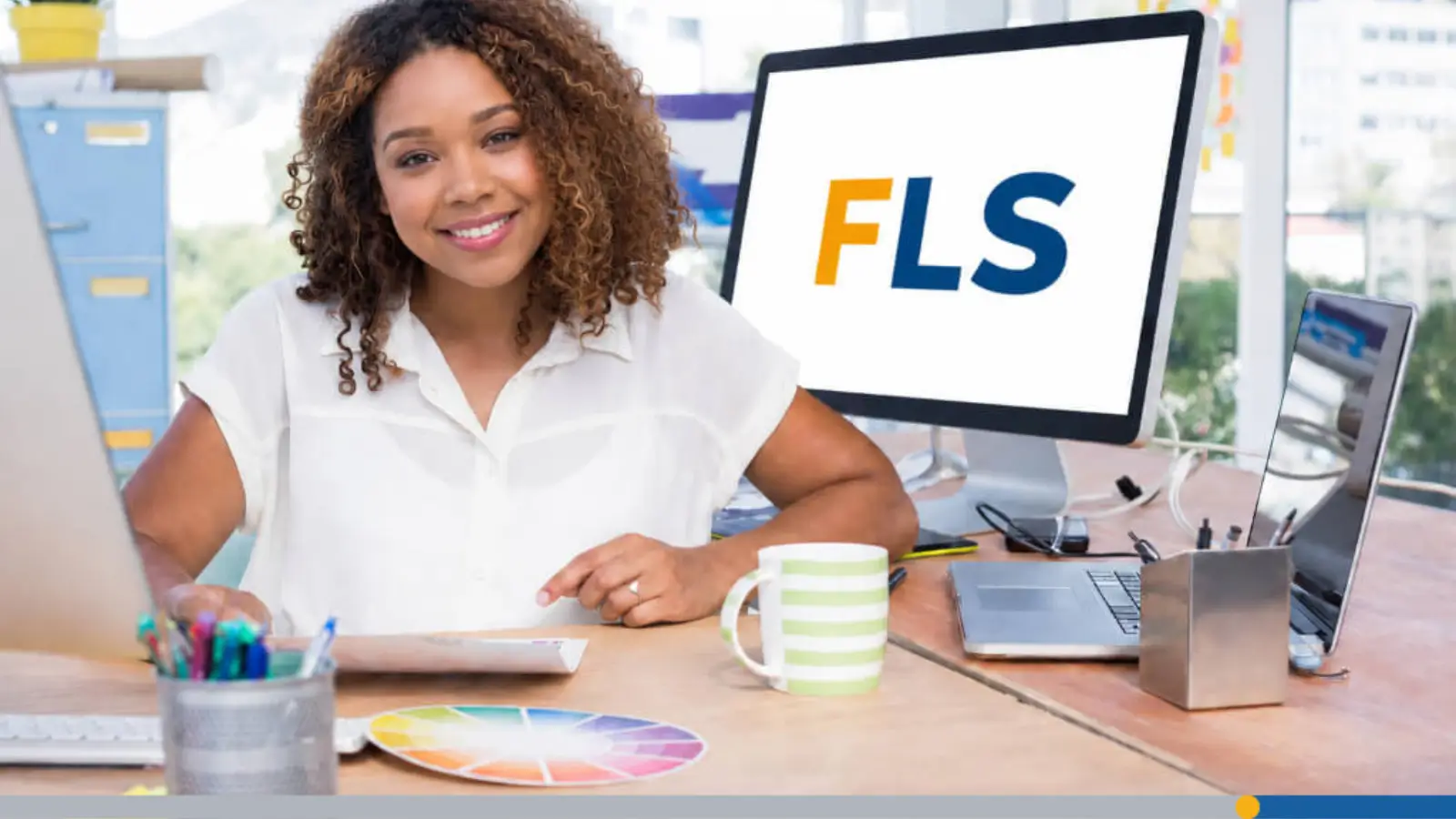 Smiling woman sitting at a desk in a bright office, with a monitor beside her illustrating a guide to YouTube image dimensions.