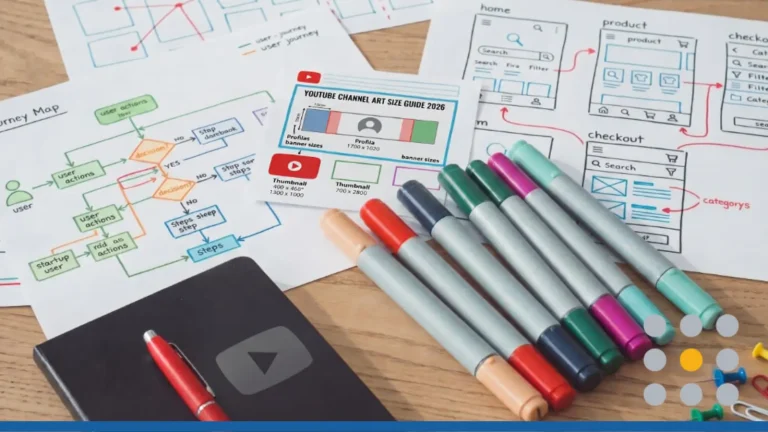 Overhead view of a wooden workspace with UI/UX wireframe sketches, user journey flowcharts, colorful markers, and a card titled: YouTube banner size guide 2026.
