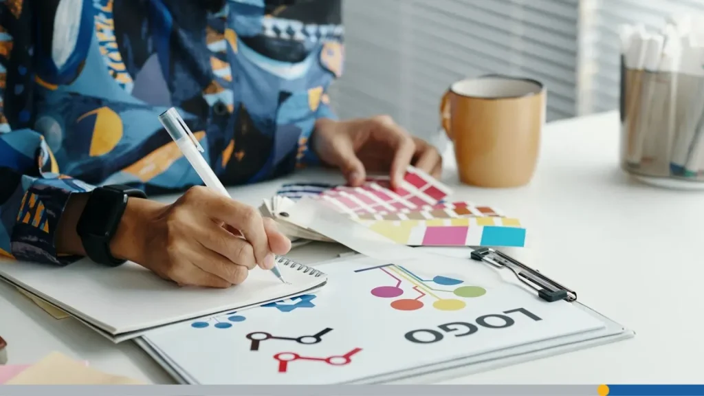 Designer, drawing a logo on a notepad.