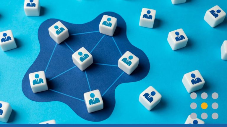 A network of people made of square blocks.