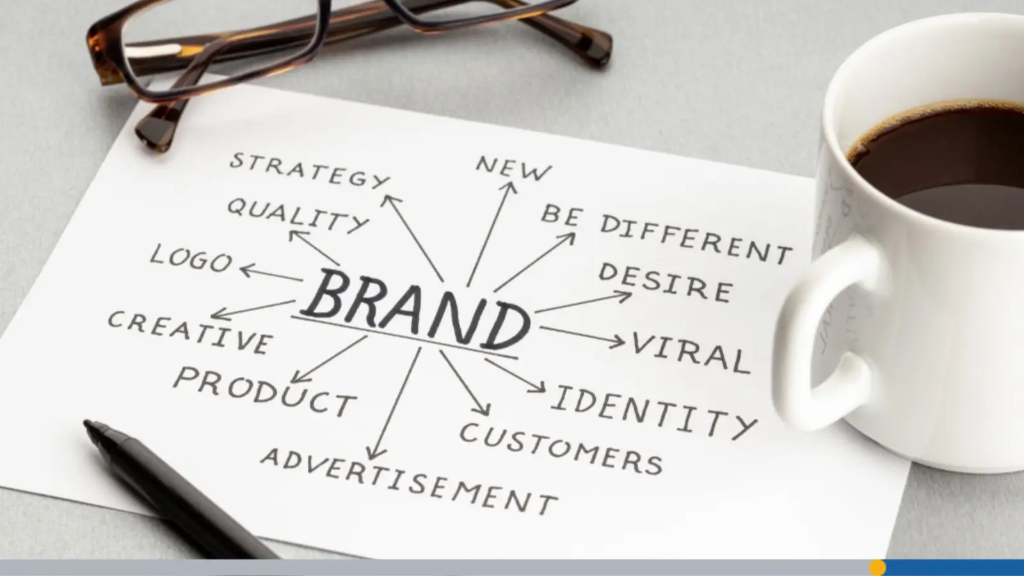A desk setup with a cup of coffee, reading glasses, a pen, and a handwritten mind map centered around "BRAND" to help with choosing a business name.