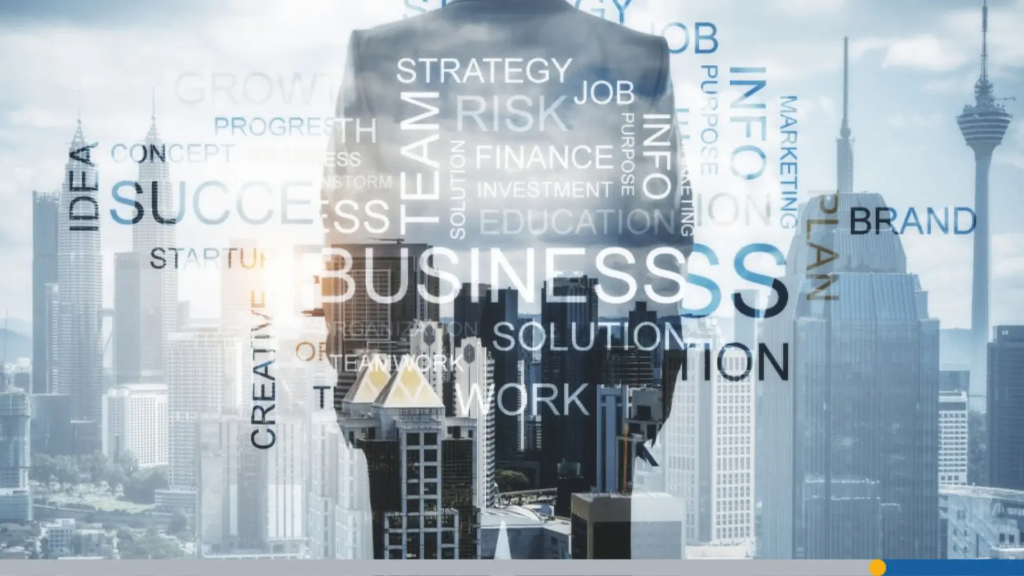 A double-exposure image of a professional in a suit overlooking a city skyline overlaid with business buzzwords, ideal for a business naming guide.