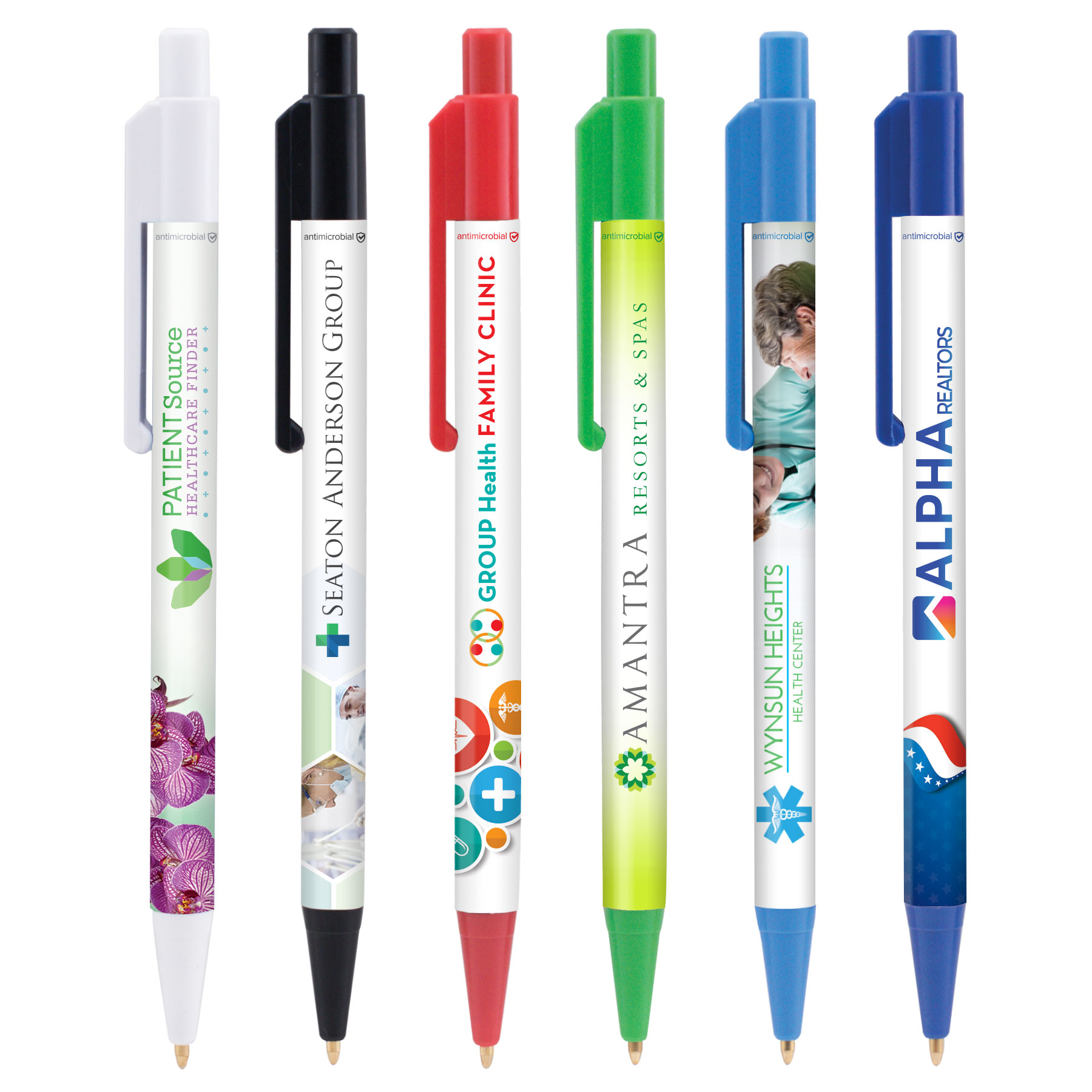 Sample Image of our Antimicrobial Click Ballpoint Pens in white light blue red navy green black trim colors