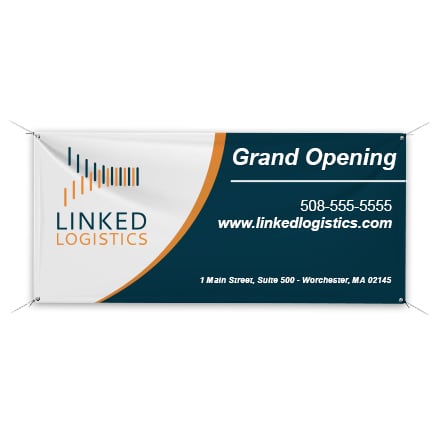 Banner with sample icon logo design and grand opening information