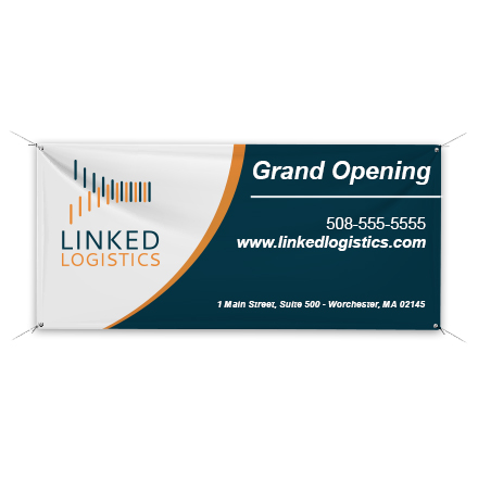 Banner with sample icon logo design and grand opening information