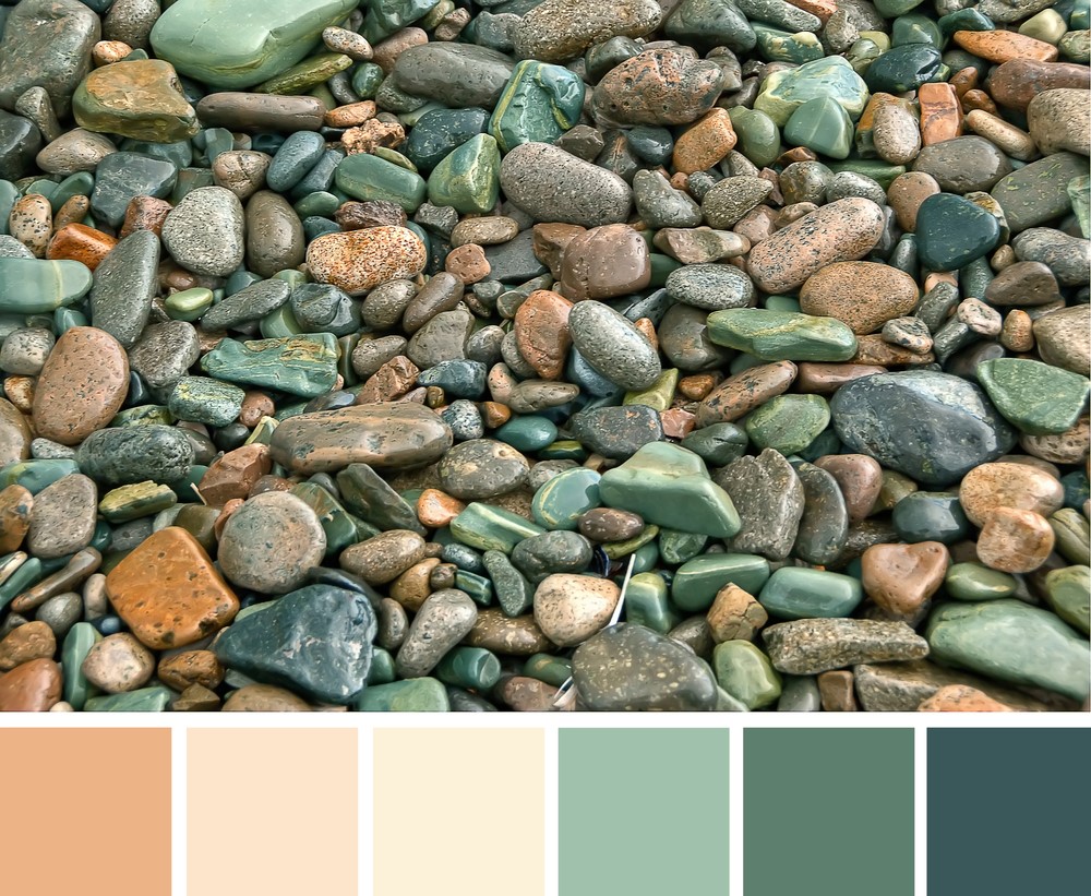 Image de galets et une palette de couleurs terre.