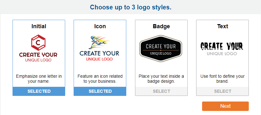 Examples of initial, icon, badge, and text logo styles.